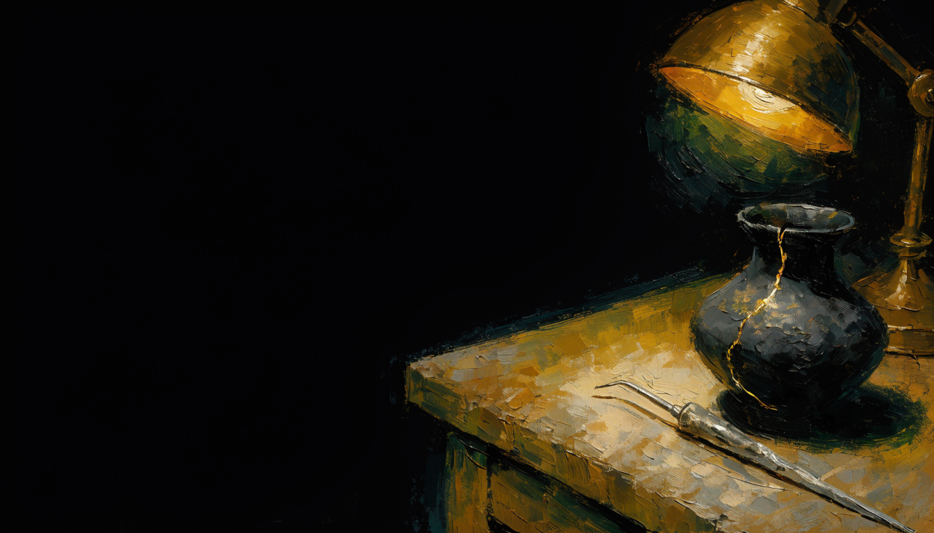 A dark vessel with a gold-traced crack and a probe, lamplit.