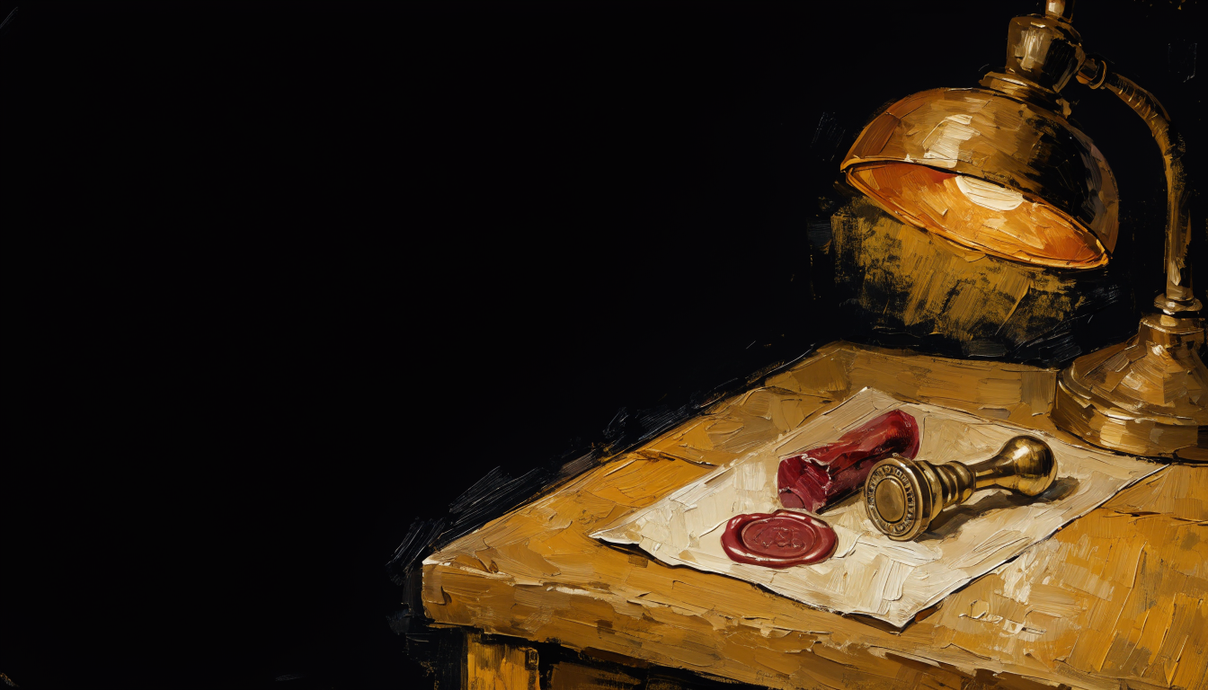 A brass signet seal and red wax on cream paper, lamplit.