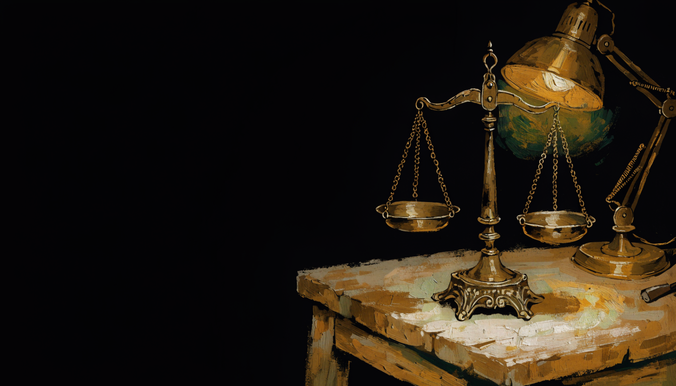 A brass balance scale in equilibrium on a lamplit table.
