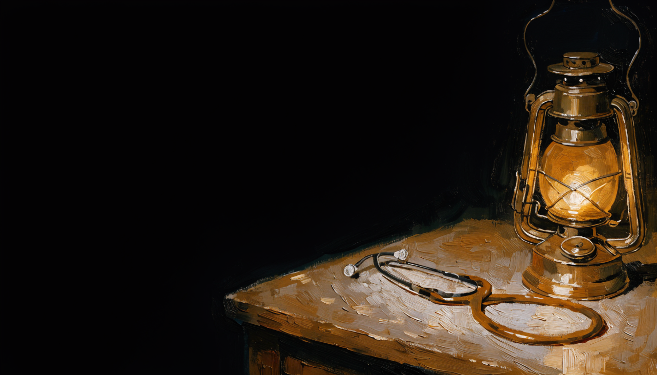 A lit lantern beside a resting stethoscope, a night-watch scene.