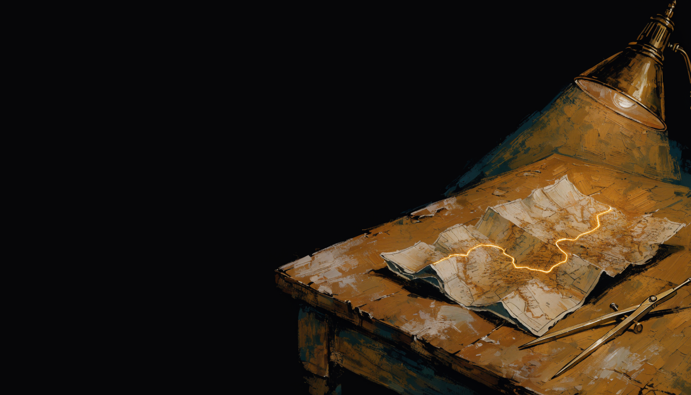 An old-world map with a glowing golden route line, lamplit.