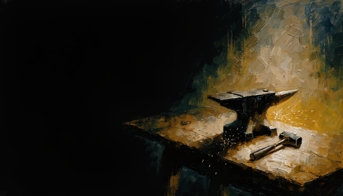 A blacksmith's anvil with warm sparks on a lamplit workbench.